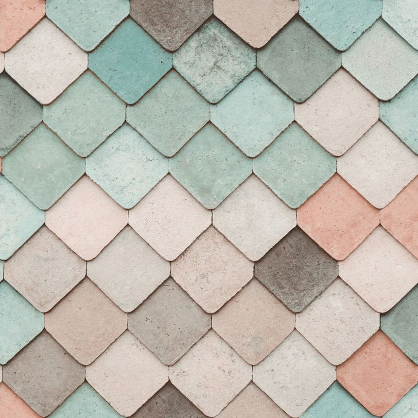 3D non-woven wallpaper, beige-turquoise, tiling, M76004, Artifice, Ugépa