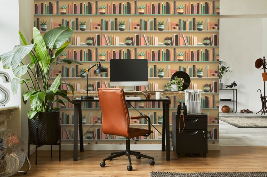 Non-woven wallpaper, ocher, shelf, bookcase, M79505, Artifice, Ugépa