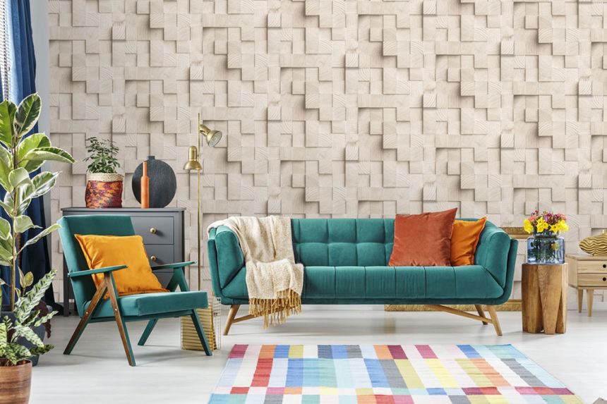 3D non-woven wallpaper, beige, wood paneling imitation, M80107, Artifice, Ugépa