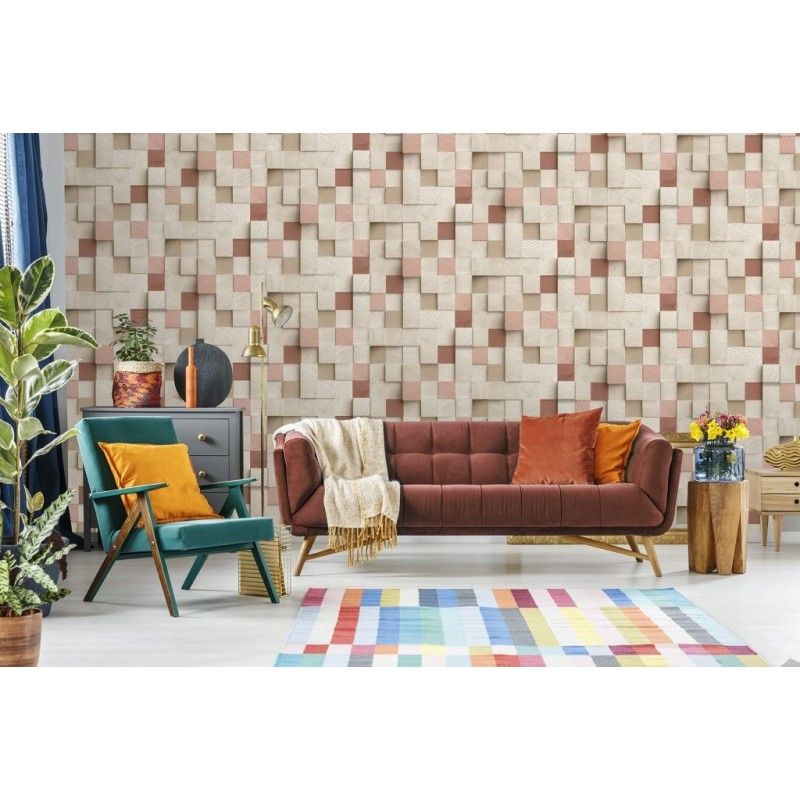 3D non-woven wallpaper, beige-brown, wood paneling imitation, M80110, Artifice, Ugépa