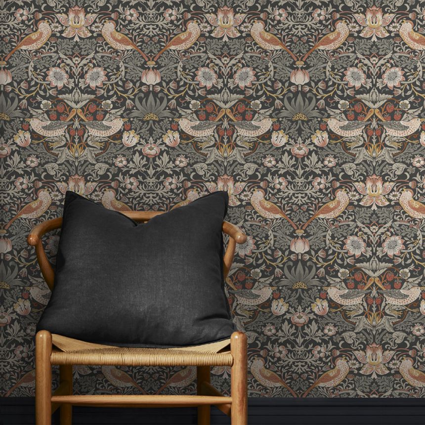 Non-woven wallpaper, gray-black, flowers, birds, 124230, William Morris At Home