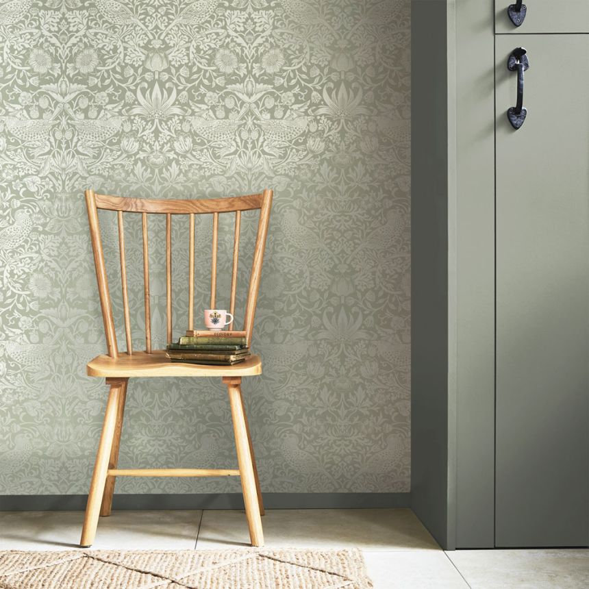 Non-woven wallpaper, green, flowers, birds, 124237, William Morris At Home