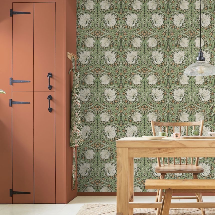 Non-woven wallpaper, green-beige, flowers, 124242, William Morris At Home