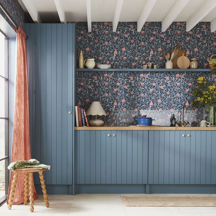 Non-woven wallpaper, blue, branches, birds, 124259, William Morris At Home