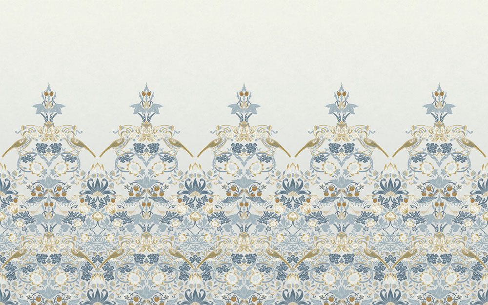 Non-woven wall mural, blue, flowers, birds, 125319, William Morris At Home