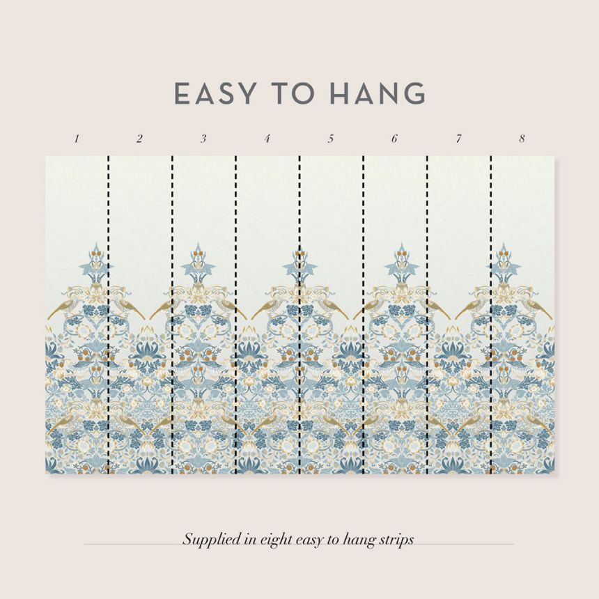 Non-woven wall mural, blue, flowers, birds, 125319, William Morris At Home
