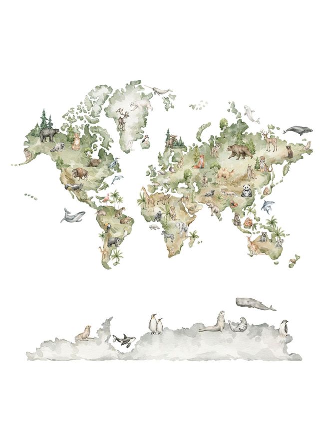 Children's non-woven wall mural, animals, World map, CW6042-1, Cute Walls, Decoprint