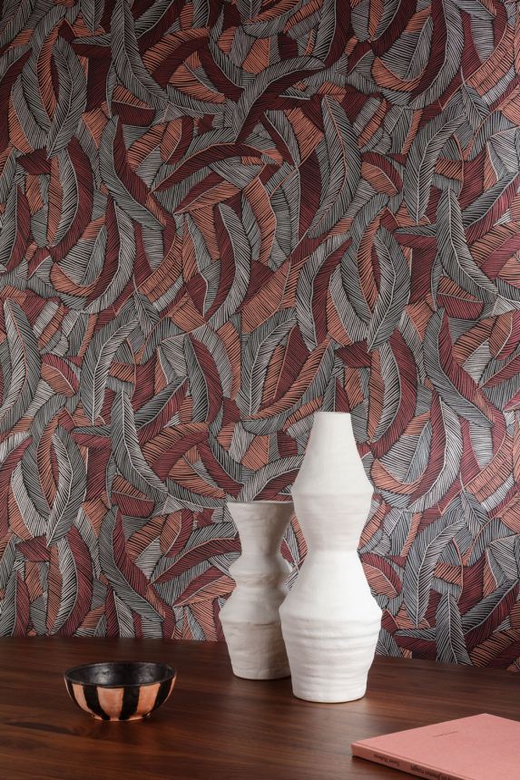 Non-woven wallpaper, brown, leaves, feathers, ROM202, Romance, Masureel