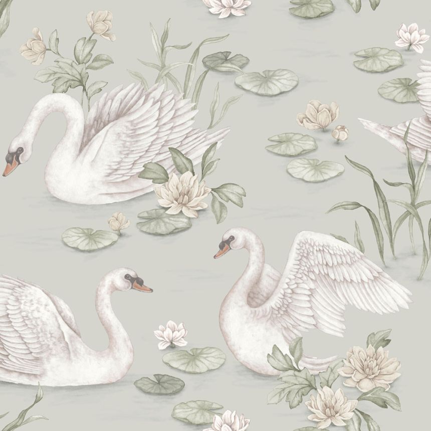 Wallpaper, grey-green, swans, 6925, Newbie Wallpaper, Boråstapeter