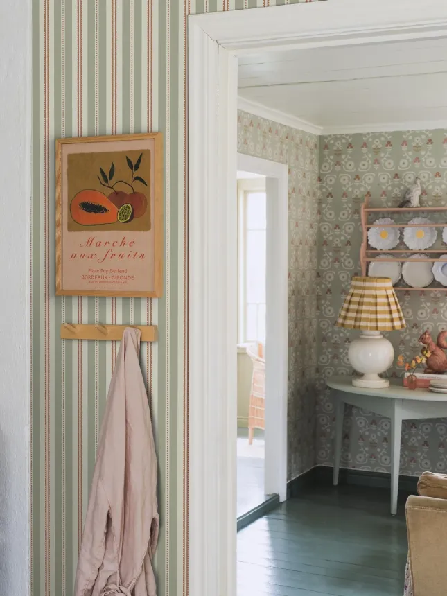 Wallpaper, green-red, stripes, 5819, Nordic Folk, Borastapeter