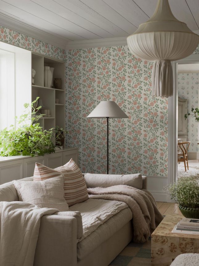 Wallpaper, green-pink, flowers, roses, 6958, Osterlen, Borastapeter