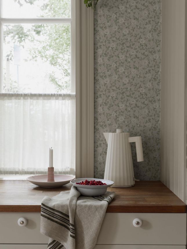 Wallpaper, grey, flowers, leaves, 6977, Osterlen, Borastapeter