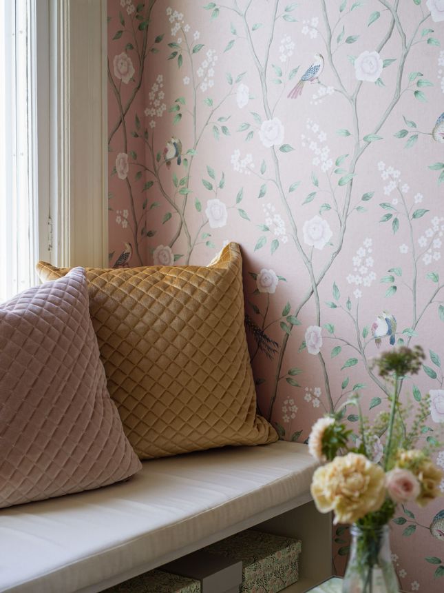 Pink wallpaper, branches, birds, 1901, Icons, Borastapeter