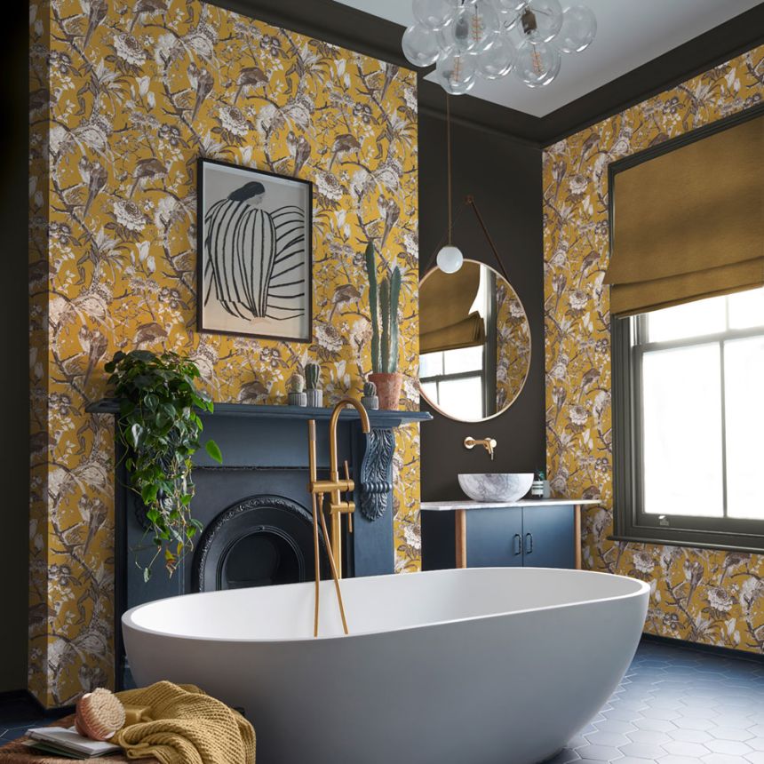 Wallpaper, ochre, birds, flowers, branches, 127912, Arboretum, Graham Brown Premium