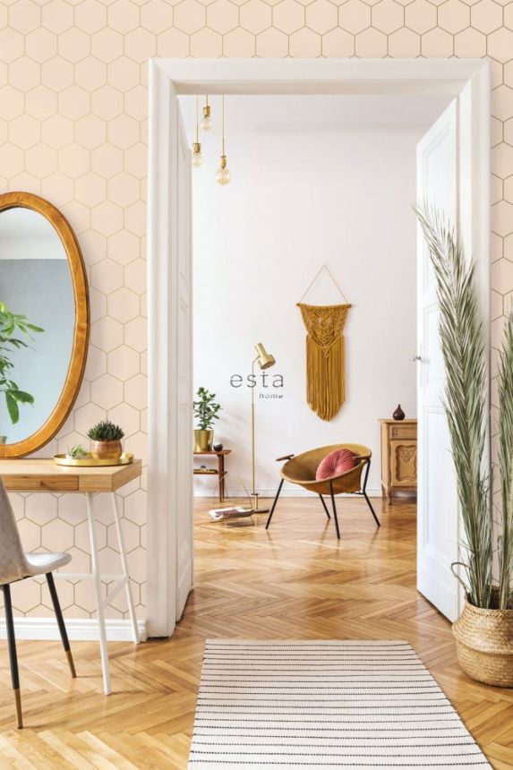 Beige non-woven wallpaper, geometric pattern of hexagons 139226, Art Deco, Esta
