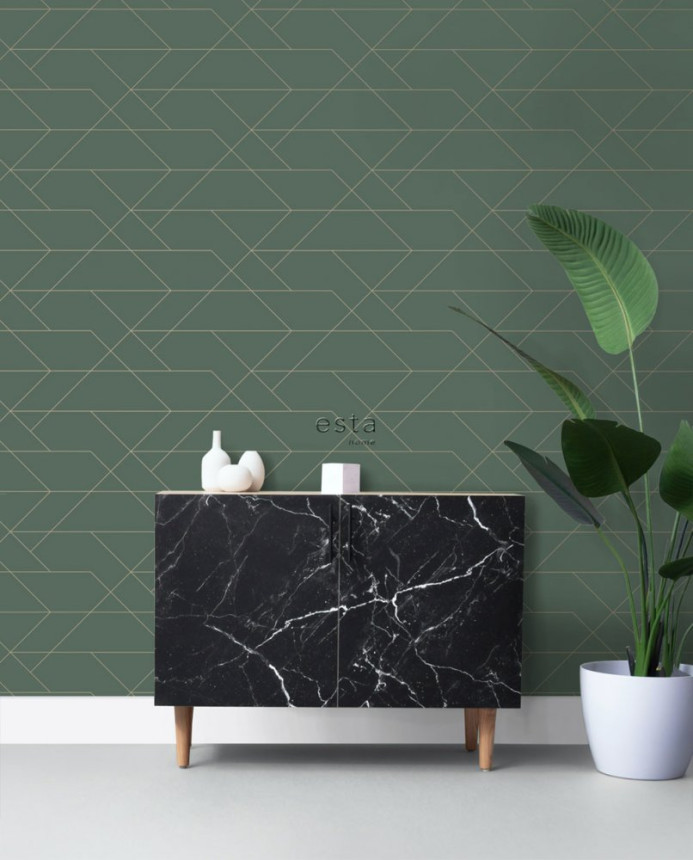 Green non-woven wallpaper with golden lines 139212, Art Deco, Esta