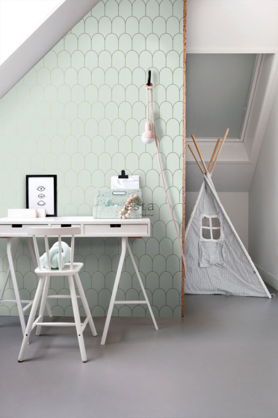 Menthol non-woven wallpaper, geometric arch pattern 139202, Art Deco, Esta