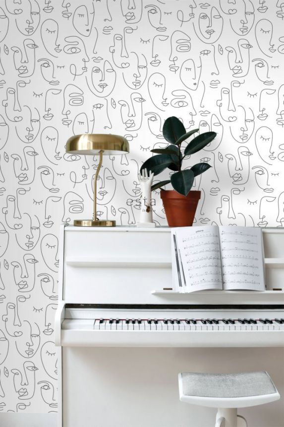 Black and white graphic non-woven wallpaper Faces 139145, Black & White, Esta