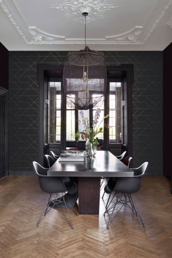 Black non-woven wallpaper with golden lines 139144, Black & White, Esta