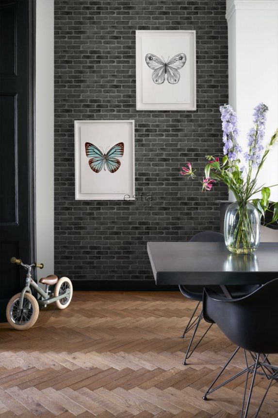 Non-woven black wallpaper brick wallpaper 139138, Black & White, Esta