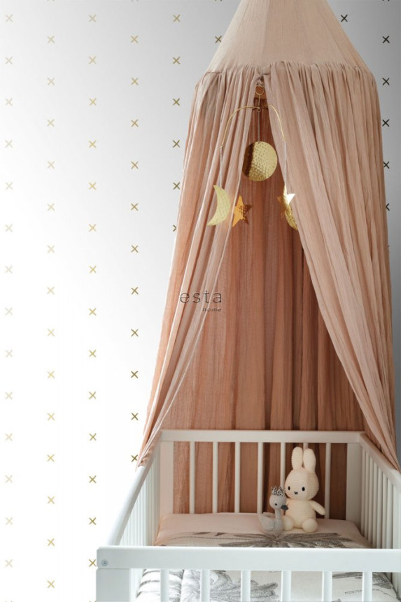 White non-woven wallpaper with golden crosses 139129, Black & White, Esta