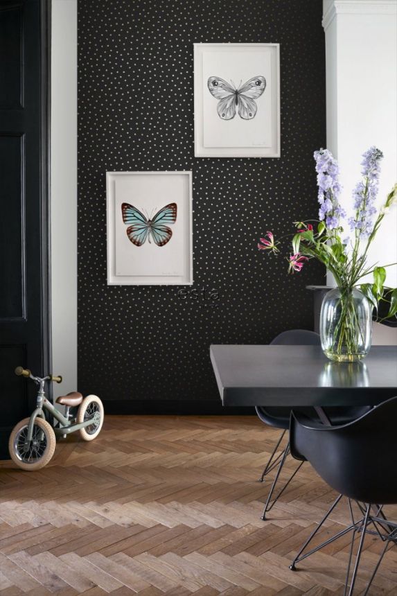 Black non-woven wallpaper with golden polka dots139122, Black & White, Esta