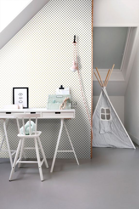 White non-woven wallpaper with gold polka dots 139113, Black & White, Esta