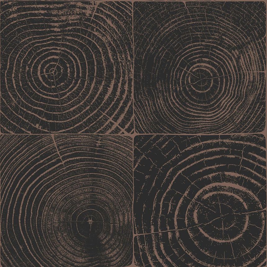 Black-brown non-woven wallpaper, imitation wood with annual rings 347550, Matières - Wood, Origin