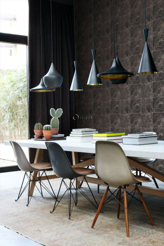 Black-brown non-woven wallpaper, imitation wood with annual rings 347550, Matières - Wood, Origin