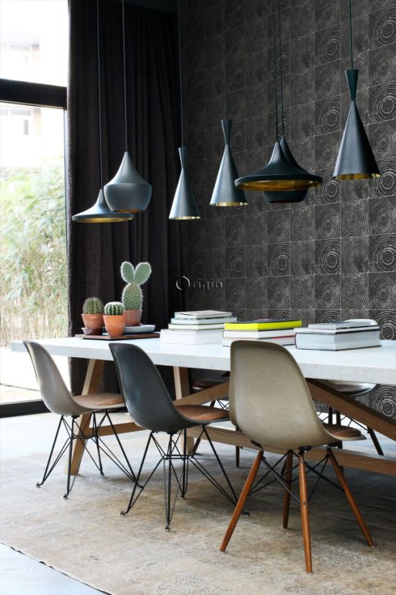 Black and silver non-woven wallpaper, imitation wood with annual rings 347544, Matières - Wood, Origin