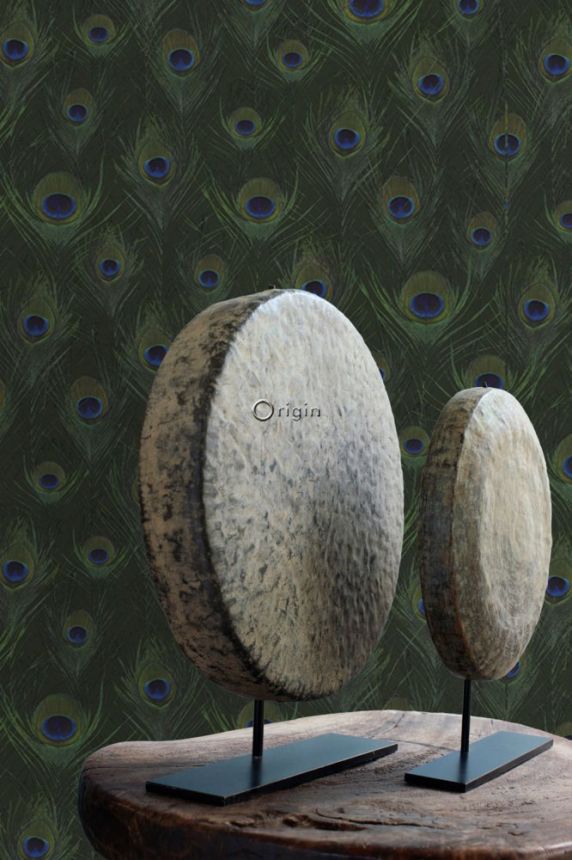 Non-woven green wallpaper with peacock feathers 347765, Luxury Skins, Origin