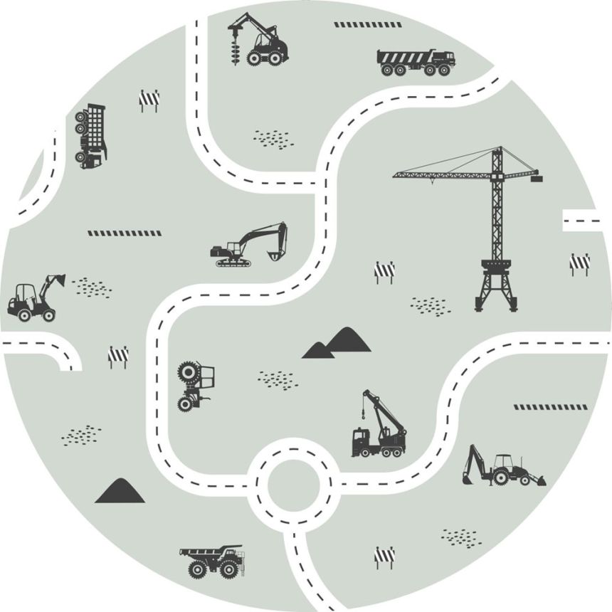 Self-adhesive round wall mural Roads, tractors, cranes 159066, diameter 70 cm, Forest Friends, Esta