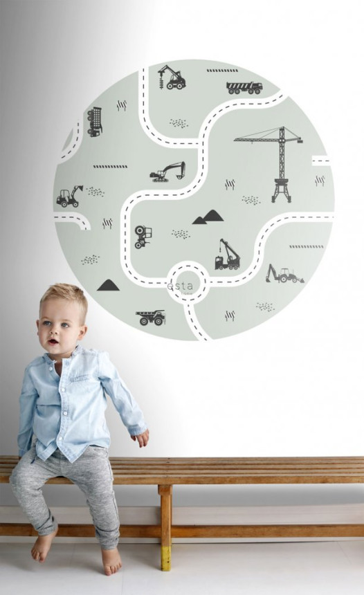 Self-adhesive round wall mural Roads, tractors, cranes 159066, diameter 70 cm, Forest Friends, Esta