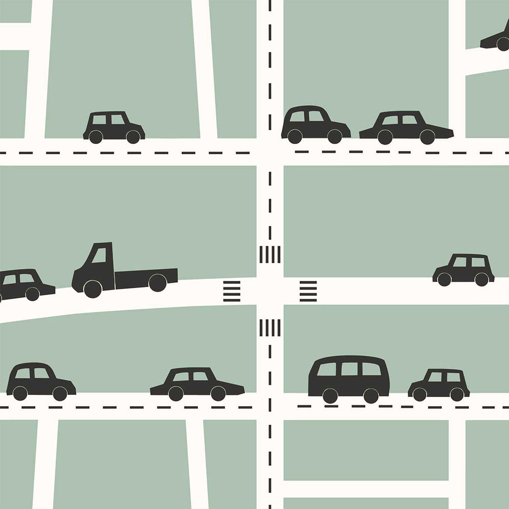 Green non-woven wallpaper for boys Cars, roads 139283, Forest Friends, Esta
