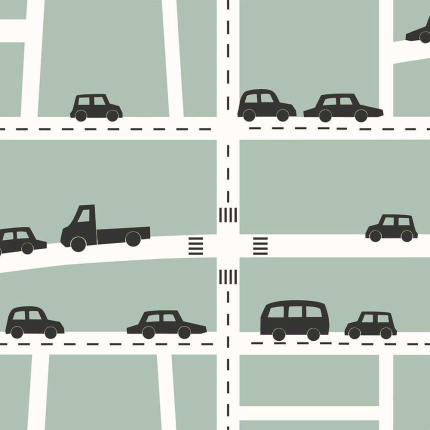 Green non-woven wallpaper for boys Cars, roads 139283, Forest Friends, Esta