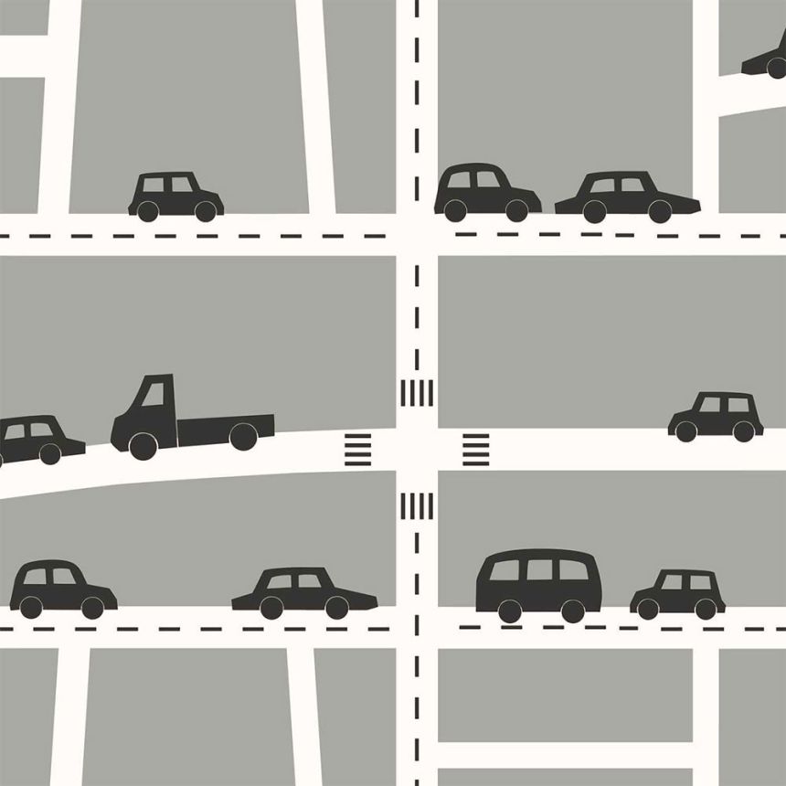 Gray non-woven wallpaper for boys Cars, roads 139282, Forest Friends, Esta