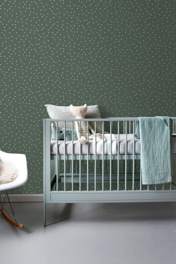 Non-woven wallpaper green, gold polka dots 139275, Forest Friends, Esta