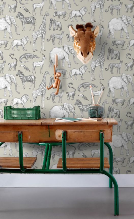 Menthol green non-woven wallpaper Animals from Africa 139270, Forest Friends, Esta