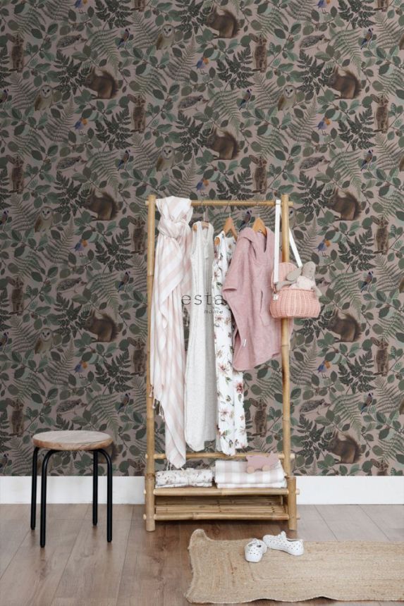 Old pink non-woven children's wallpaper with forest animals 139252, Forest Friends, Esta