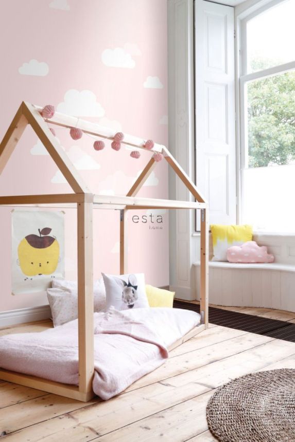 Non-woven pink children's wallpaper with white clouds 158843, 1,86 x 2,79 m, Little Bandits, Esta
