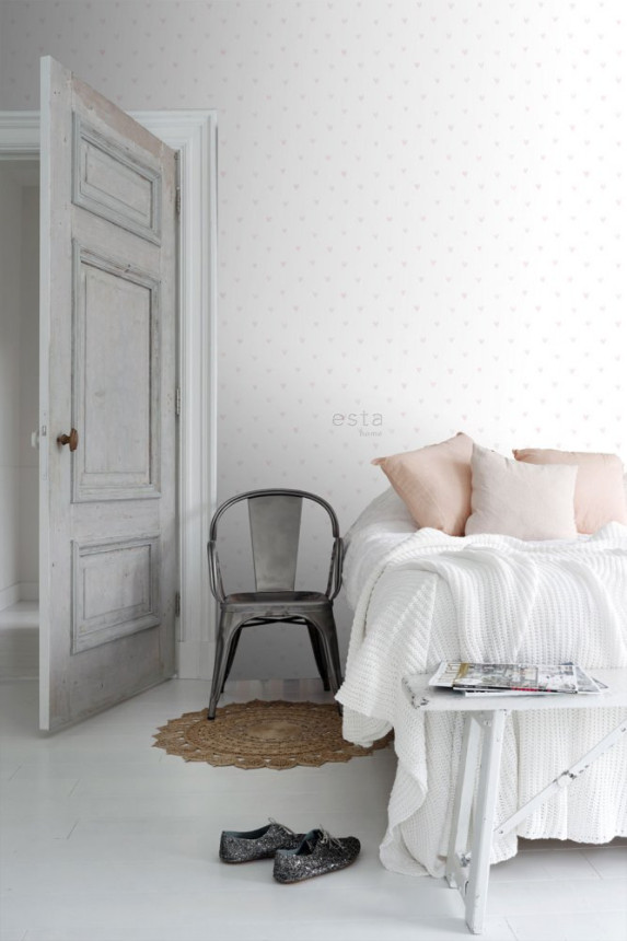 White non-woven wallpaper with pink vintage hearts 138915, Little Bandits, Esta