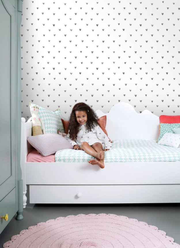 White non-woven wallpaper with gray vintage hearts 138914, Little Bandits, Esta