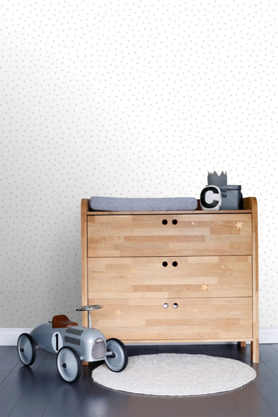 Non-woven white wallpaper with gray polka dots 138935, Little Bandits, Esta
