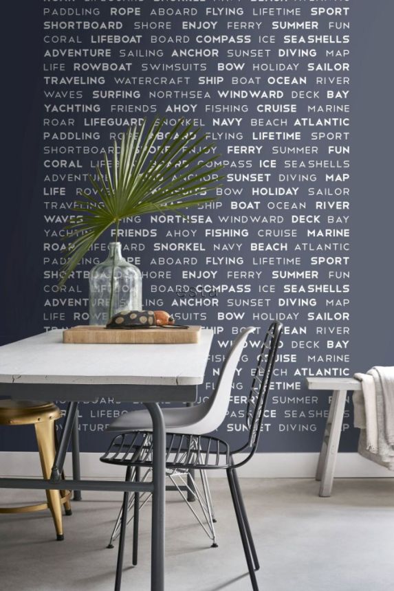 Blue non-woven wallpaper with texts 158845, 186 x 279 cm, Regatta Crew, Esta Home