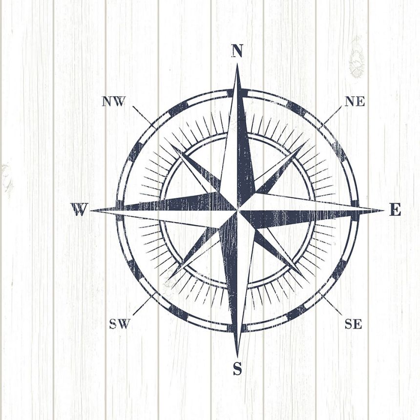 Non-woven wallpaper, compass on planks 138975, Regatta Crew, Esta Home