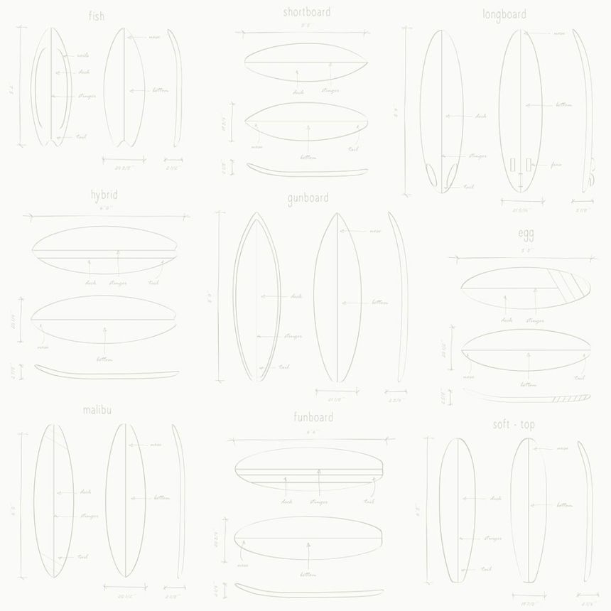 Natural non-woven wallpaper with surfboard sketches 128869, Regatta Crew, Esta