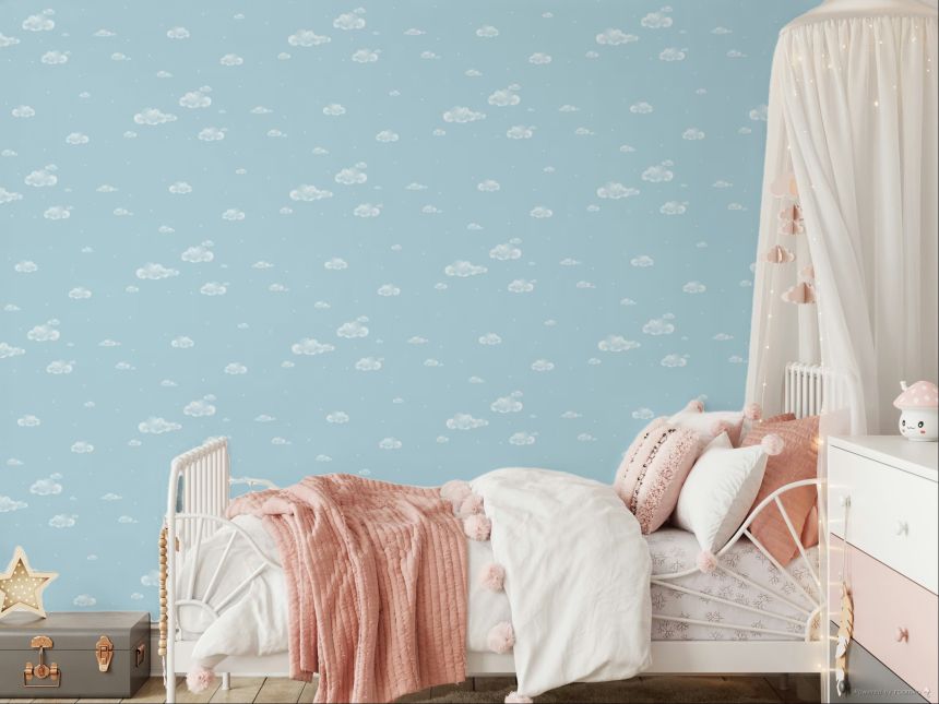 Blue paper wallpaper, clouds, sky, stars 458-1, Pippo, ICH Wallcoverings