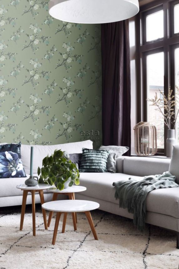 Non-woven wallpaper green with blossoming branches 148718, Blush, Esta Home