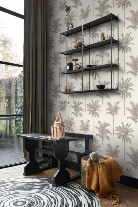 Non-woven beige wallpaper with palm trees 139163, Paradise, Esta Home
