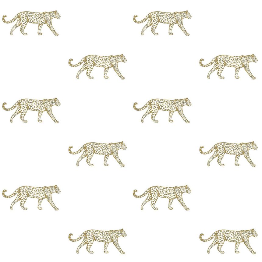 White non-woven wallpaper with golden leopards 347685, Precious, Origin